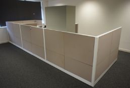 Adapt 3 bay office cluster comprising 2 x rise and fall ‘L shaped’ desks (1800 x 1800 x 780), 2 x