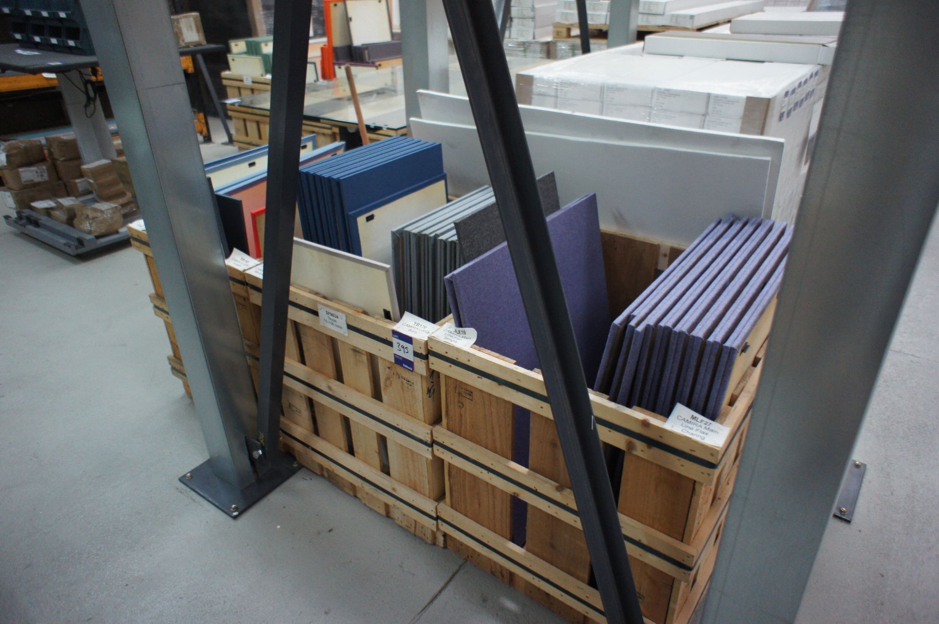 Quantity of upholstered desk dividers of various sizes and colours, to 8 x crates