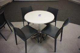 Circular contemporary breakout table (800mm diameter), with 4 x dark grey plastic chairs