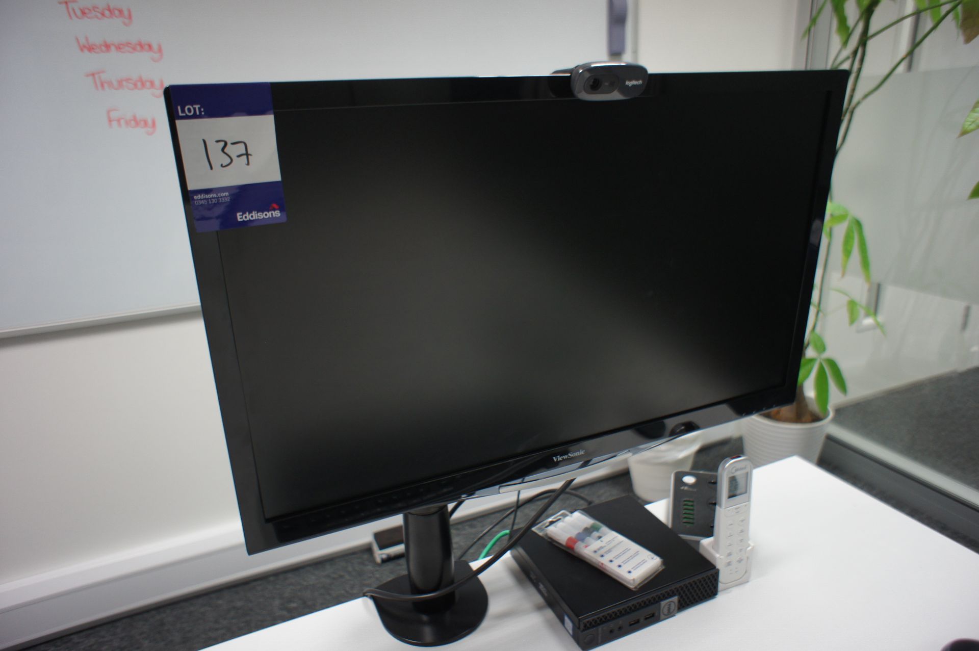Viewsonic VX2757-MHD LCD monitor, with monitor arm, and Logitech webcam. Computer not included