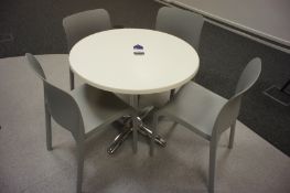 Circular contemporary breakout table (800mm diameter), with 4 x light grey plastic chairs