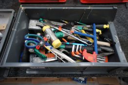 Quantity of various tools, to include screwdrivers, hammers etc, to plastic storage bin