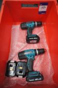 2 x Makita DHP453 cordless hammer drill, with 4 x batteries, and no charger