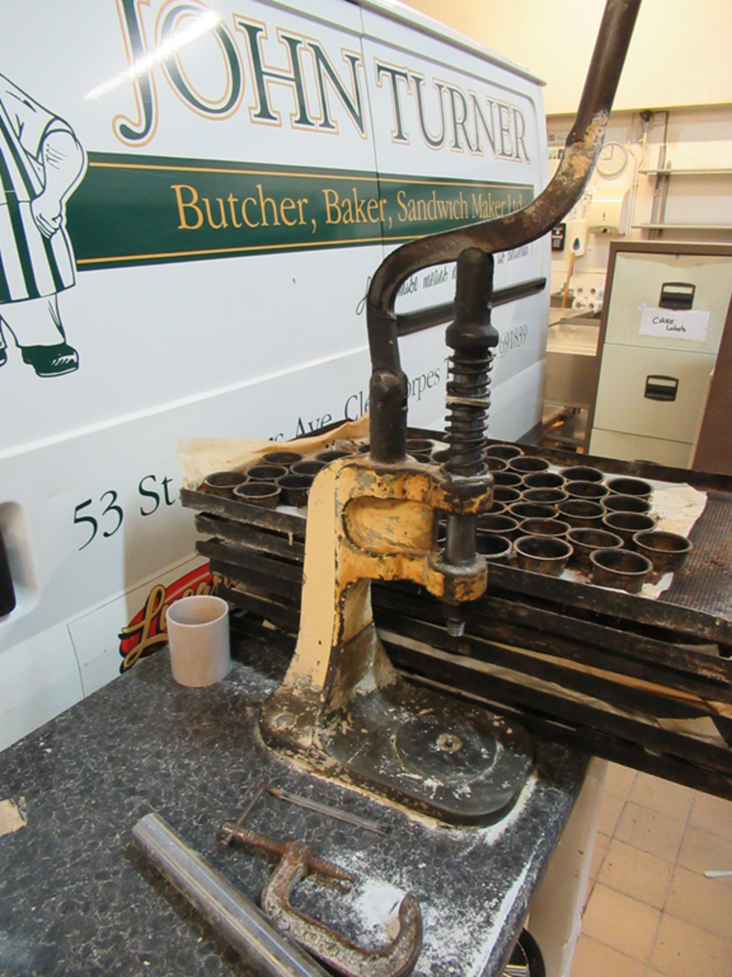 3 x Manual Pie Blockers Mounted on A Wooden Bench and A qty of Dies & Moulds - Image 4 of 7