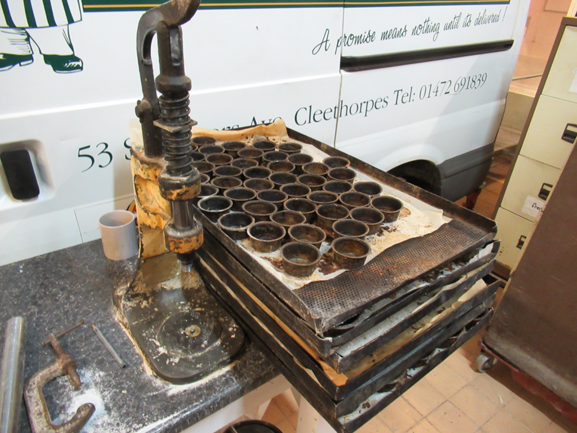 3 x Manual Pie Blockers Mounted on A Wooden Bench and A qty of Dies & Moulds - Image 5 of 7