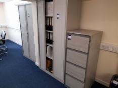 3 x Bisley tambour front cabinets & 4 drawer filing cabinet, grey, to first floor