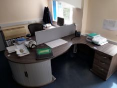 Assortment of office furniture to first floor office comprising, 3 person workstation comprising 3