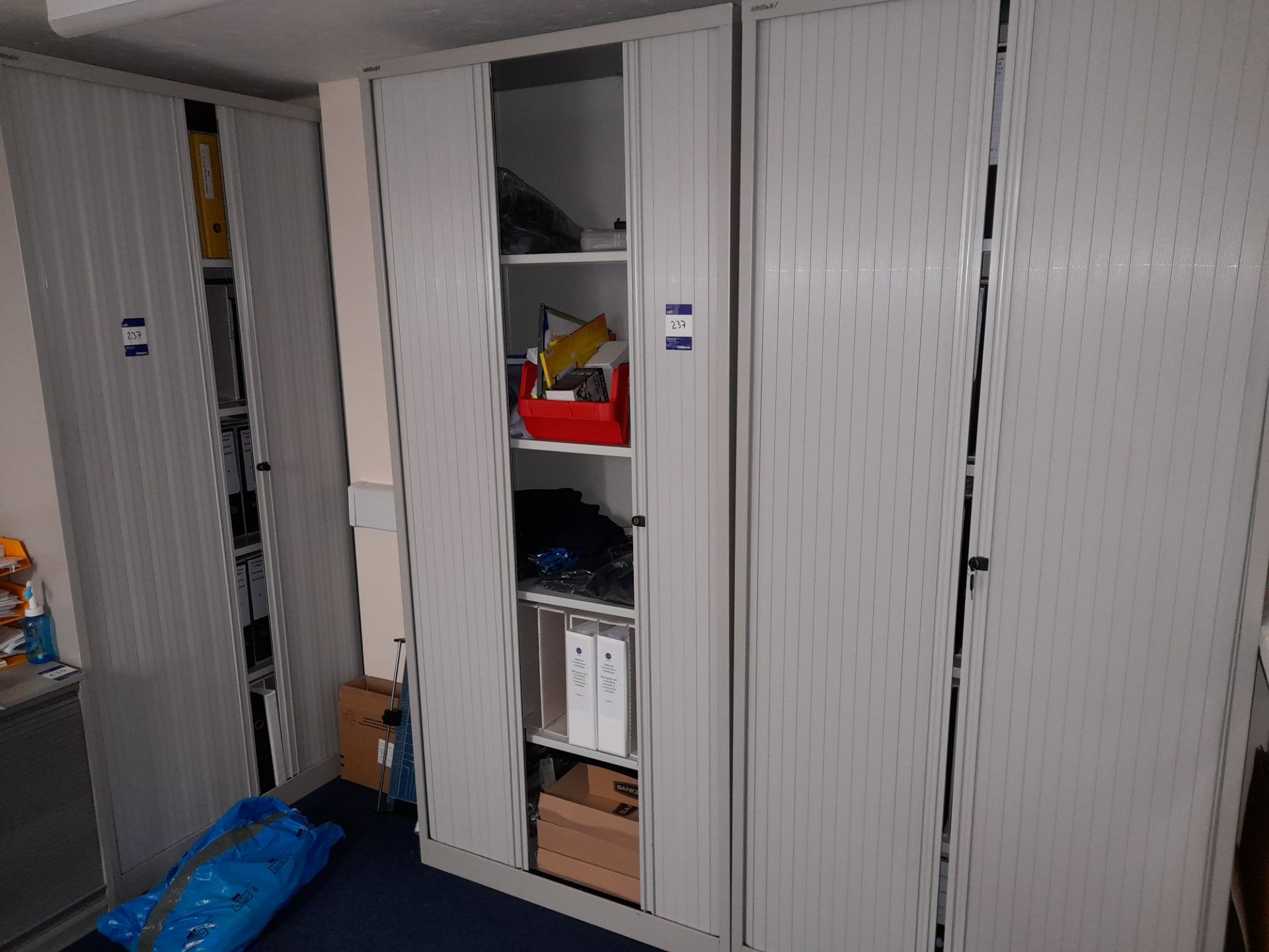 4 x Bisley Tambour Fronted filing cupboards, & low level filing cupboard, grey - Image 2 of 3