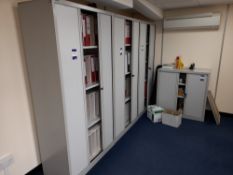 3 x Tambour front cabinets, 1 low level cabinet, 1 x 3 shelf bookcase, grey, to first floor office