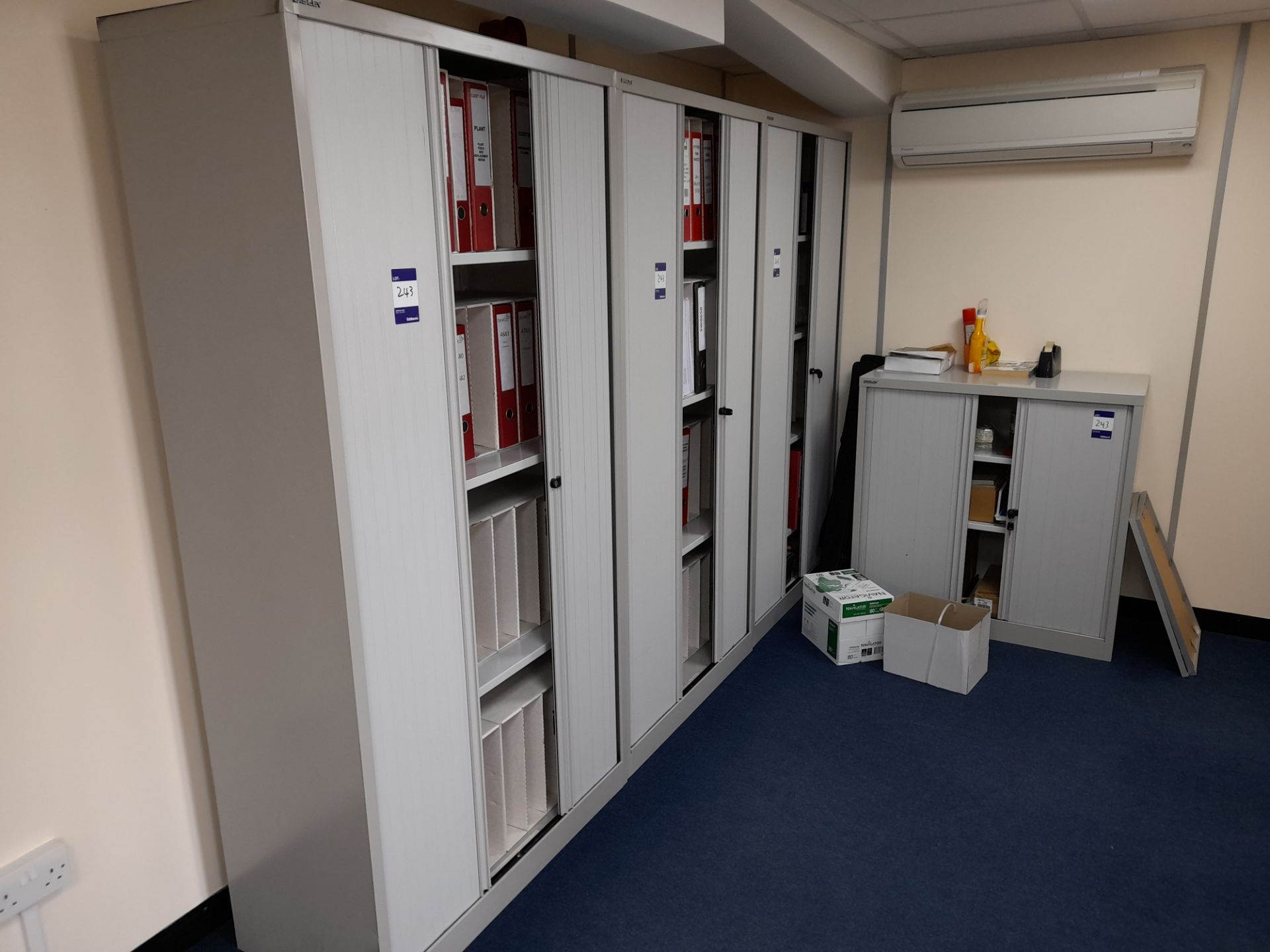 3 x Tambour front cabinets, 1 low level cabinet, 1 x 3 shelf bookcase, grey, to first floor office