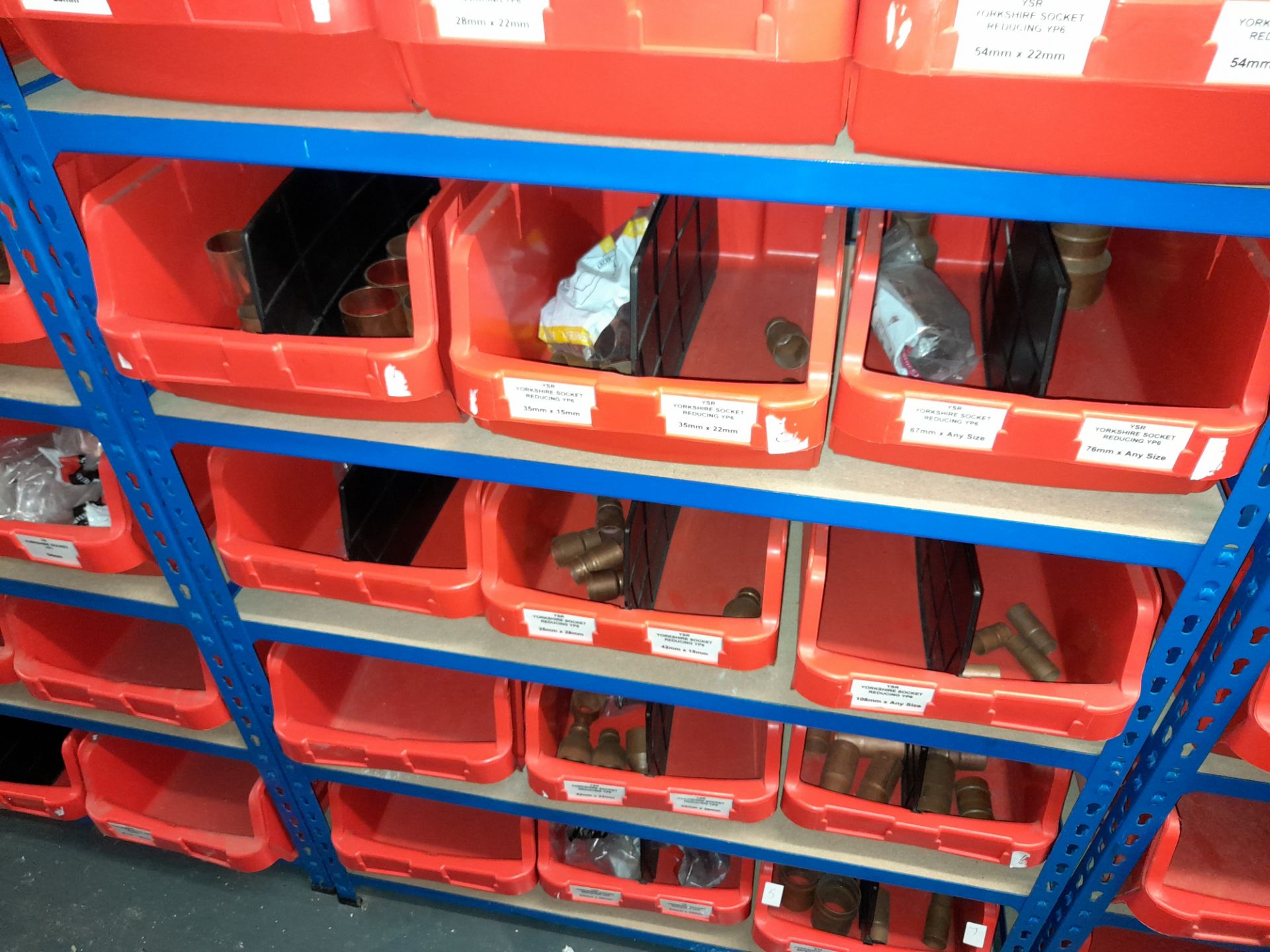Large quantity of stock to 7 bays of racking to include Yorkshire Tee reducing fittings, connectors, - Image 12 of 19