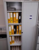 4 x Bisley Tambour Fronted filing cupboards, & low level filing cupboard, grey