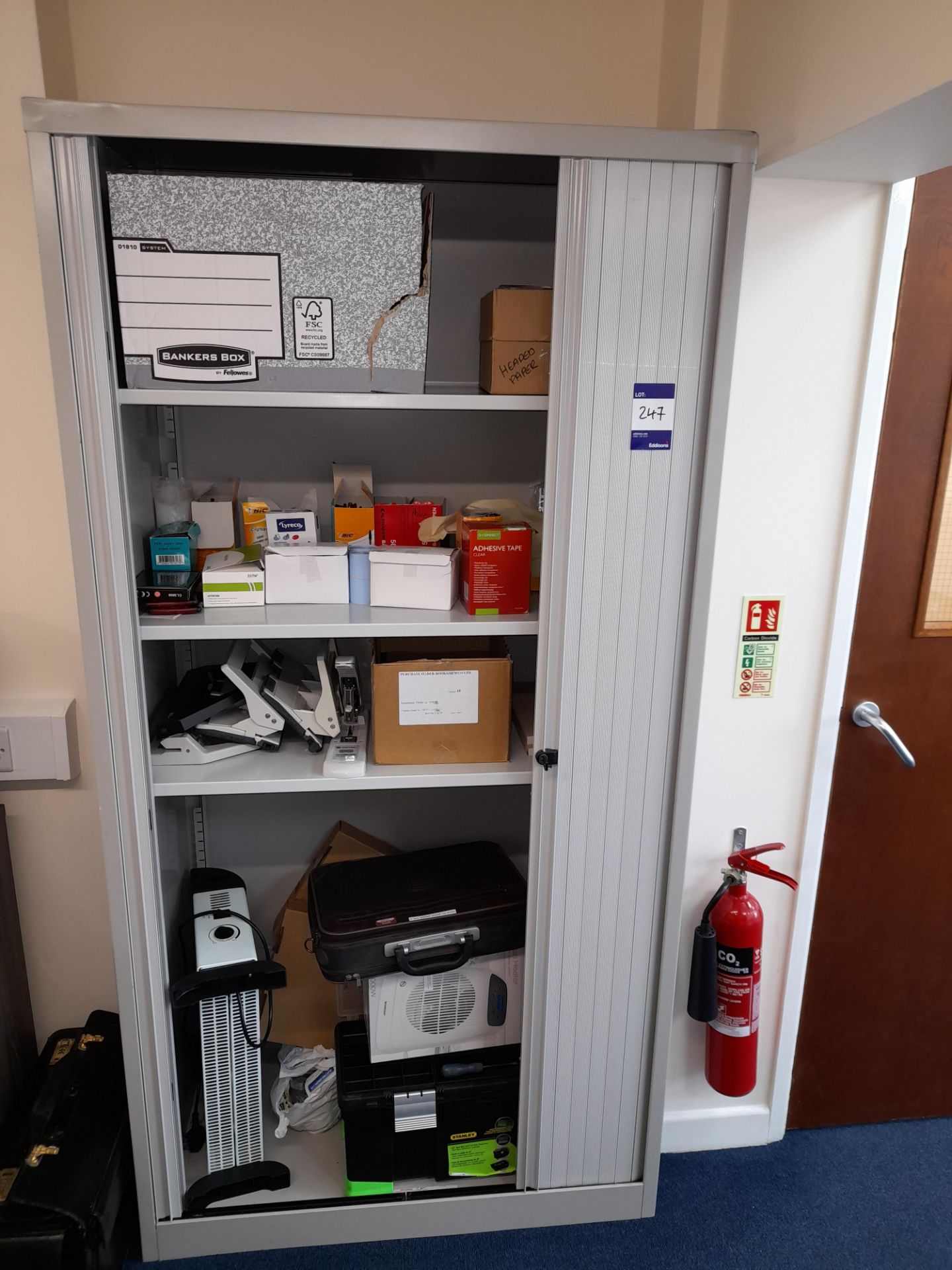 3 x Bisley tambour front cabinets & 4 drawer filing cabinet, grey, to first floor - Image 2 of 2
