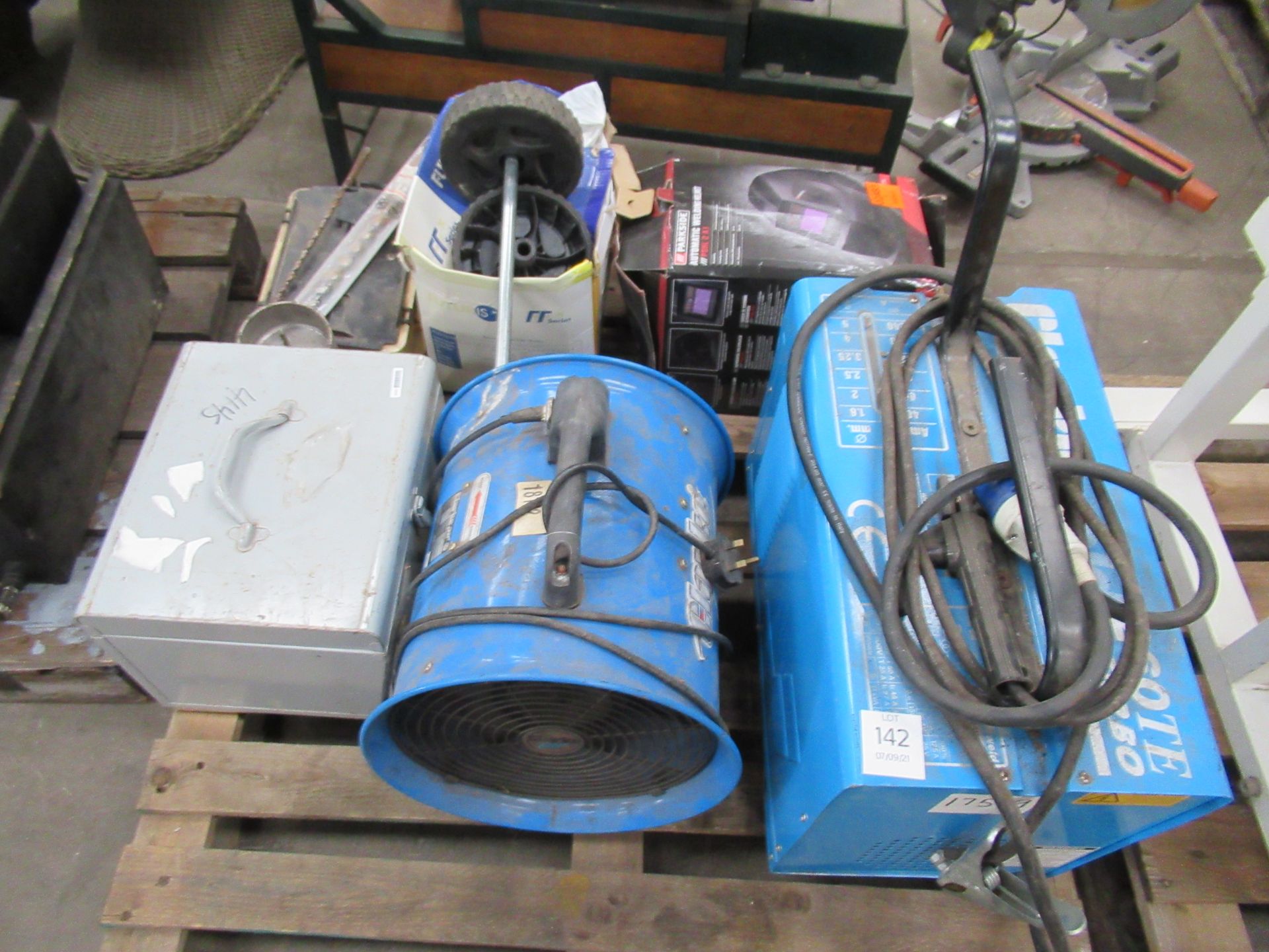 Pallet Including Clarke 260TE Welder, welding helmet, fan etc