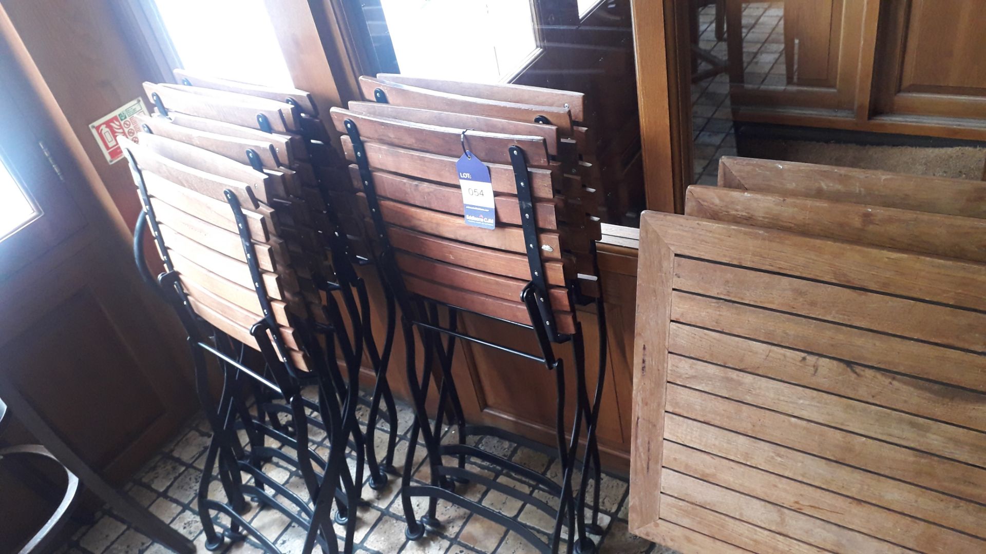 3 timber slat Folding Tables, 600 x 600mm & 6 timber slat Folding Chairs