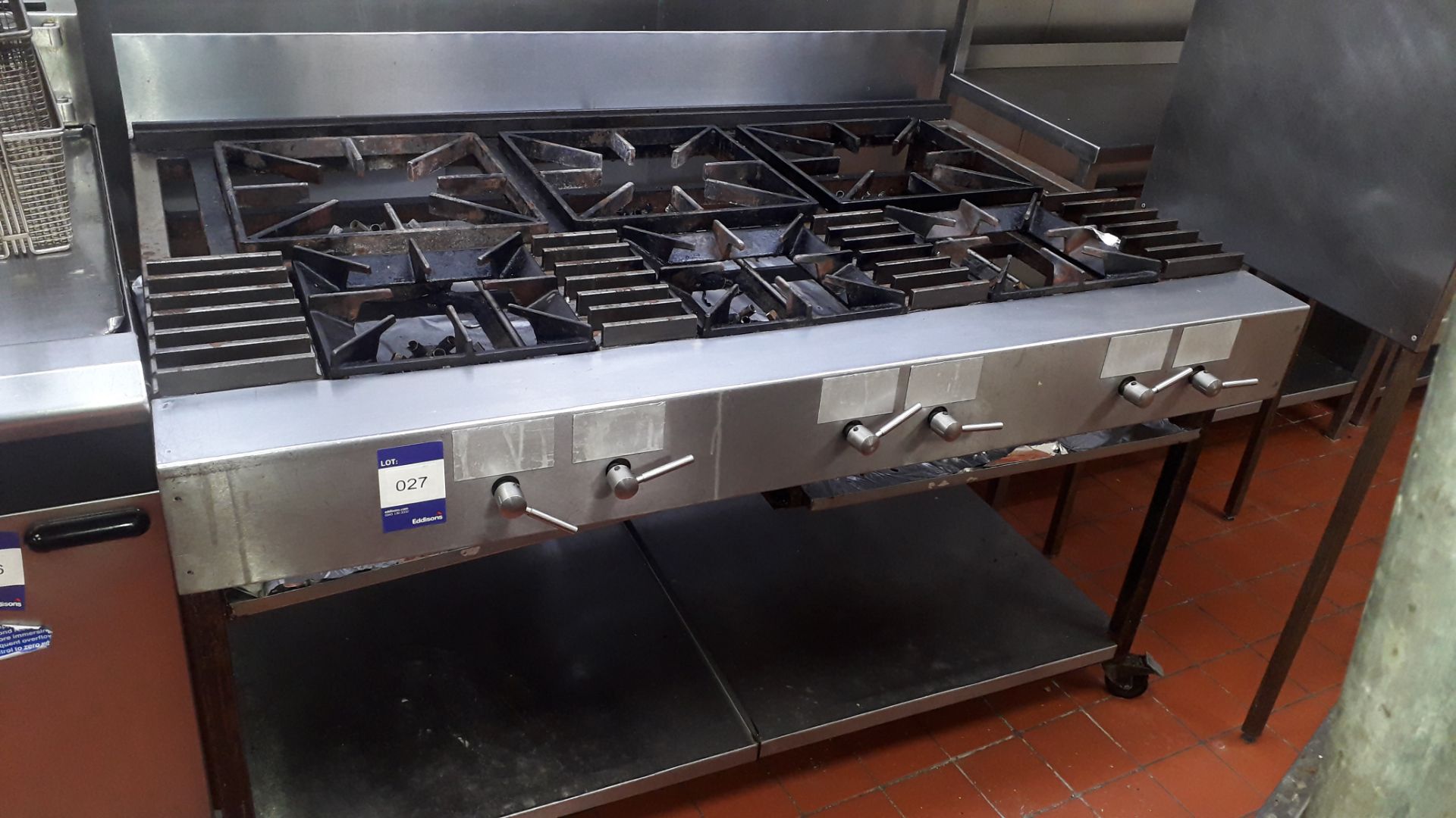 Stainless steel commercial 6-burner gas Range on stand with shelf under (disconnection required by