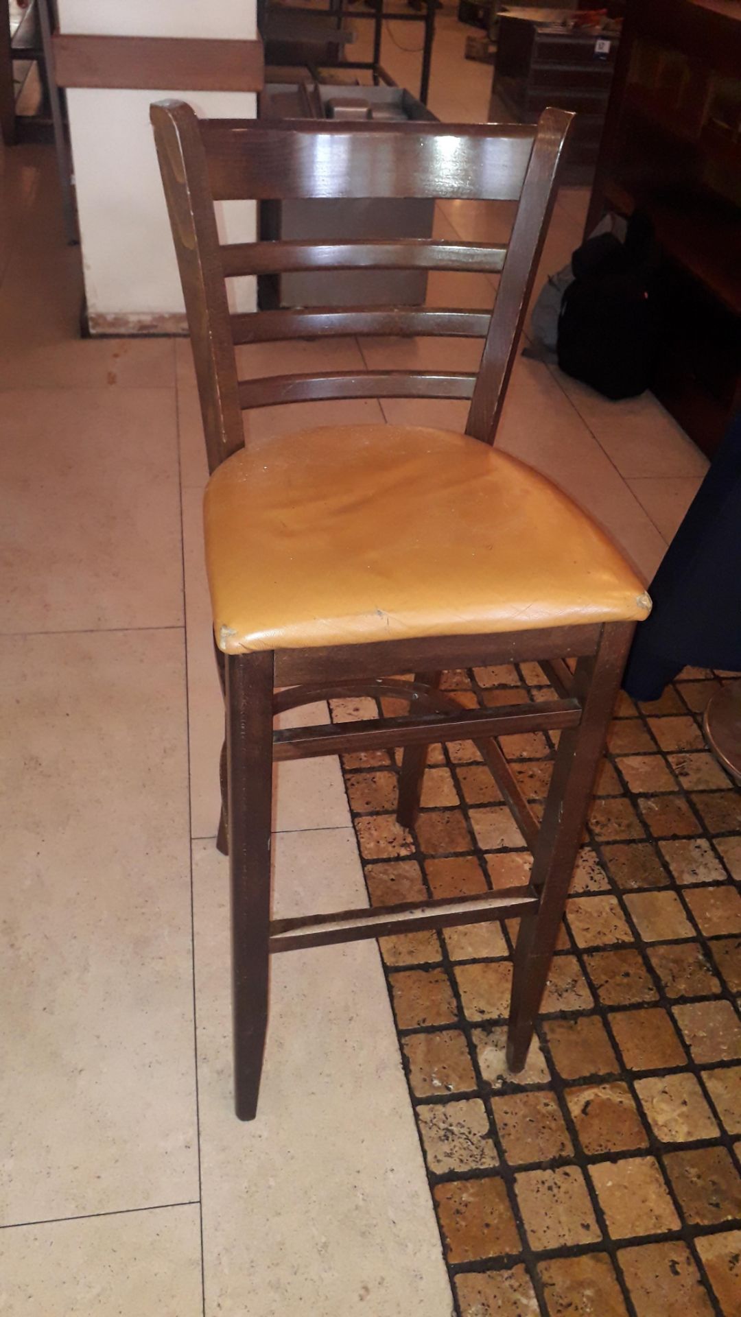 7 x Frazoni reclaimed peroba wood Bar Stools with mustard faux leather upholstered seat - Image 2 of 3