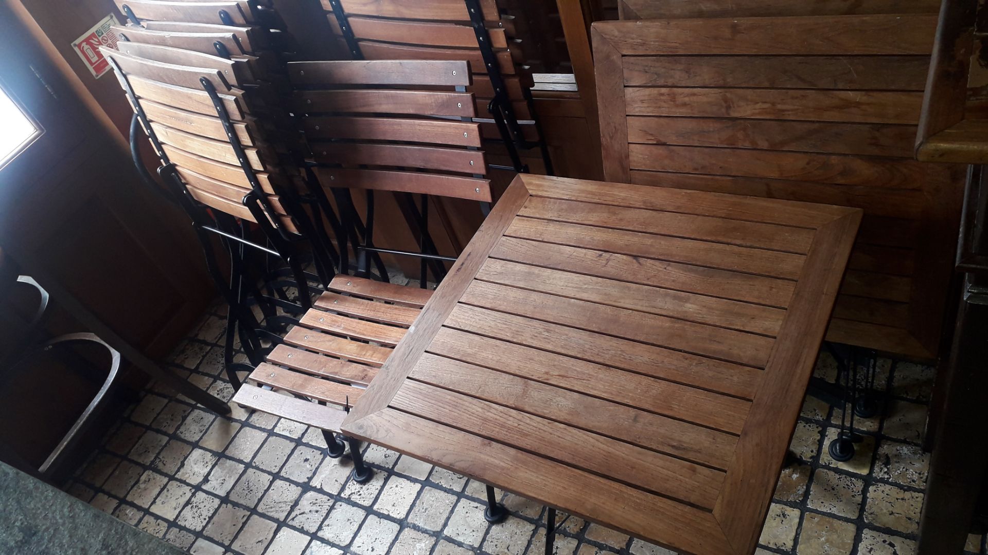 3 timber slat Folding Tables, 600 x 600mm & 6 timber slat Folding Chairs - Image 2 of 2