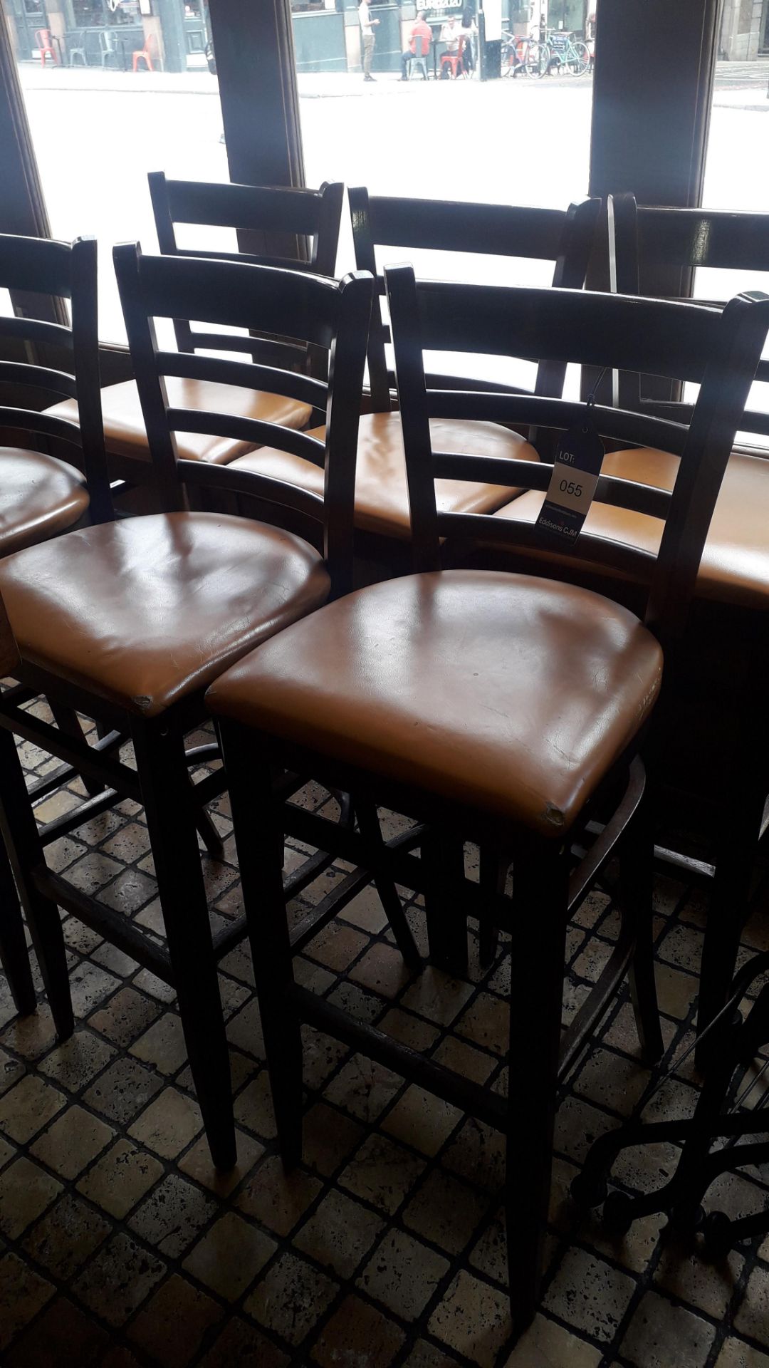 7 x Frazoni reclaimed peroba wood Bar Stools with mustard faux leather upholstered seat