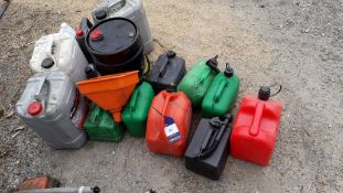 8 Plastic Fuel Cans & Various Oils & Antifreeze