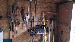 Quantity of Garden Tools to include Shovels, Racks, Shears, Hoes, Folding Workbench