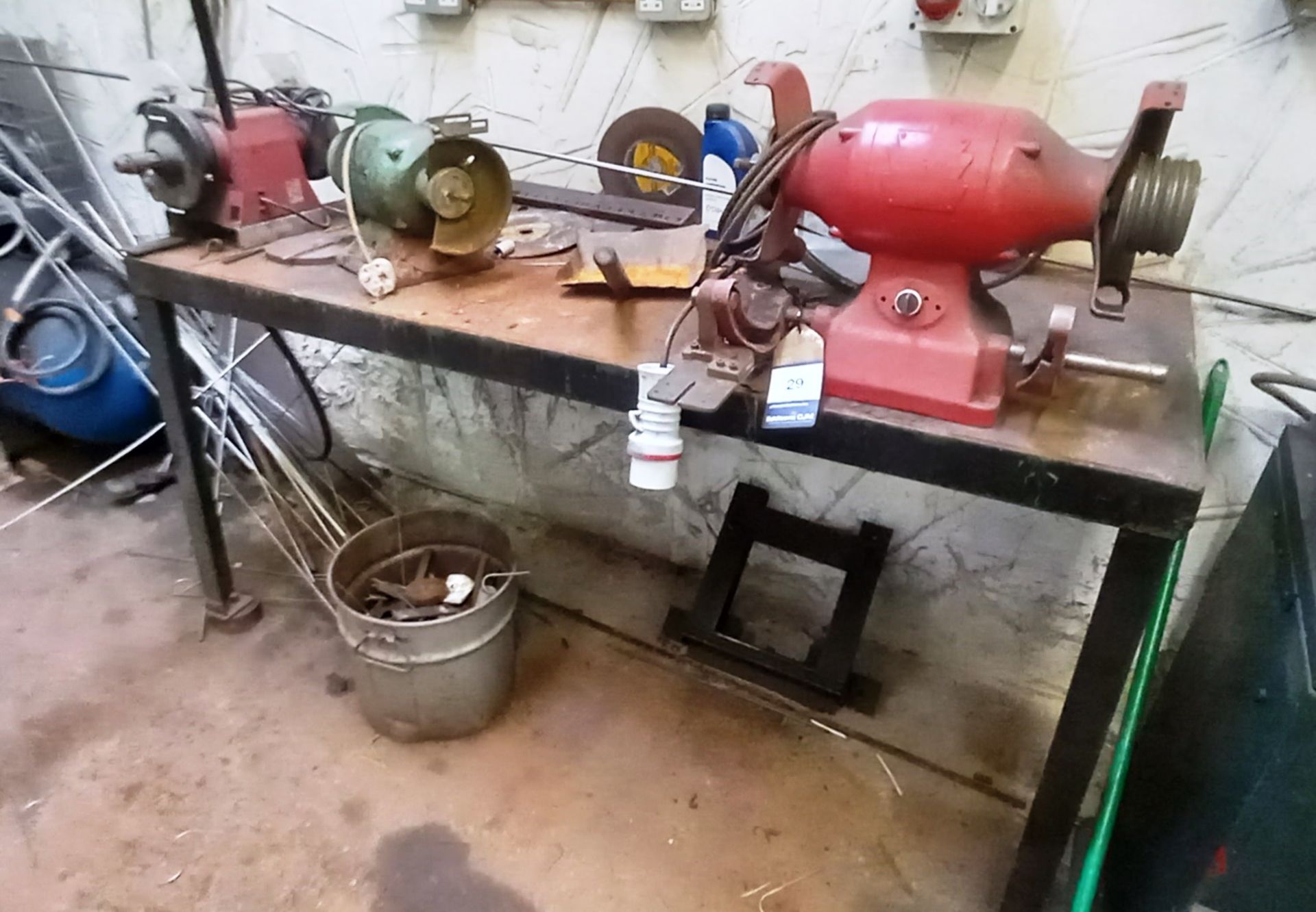 Steel Fabricated Work Bench with 3x Various Twin Wheel Bench Grinders