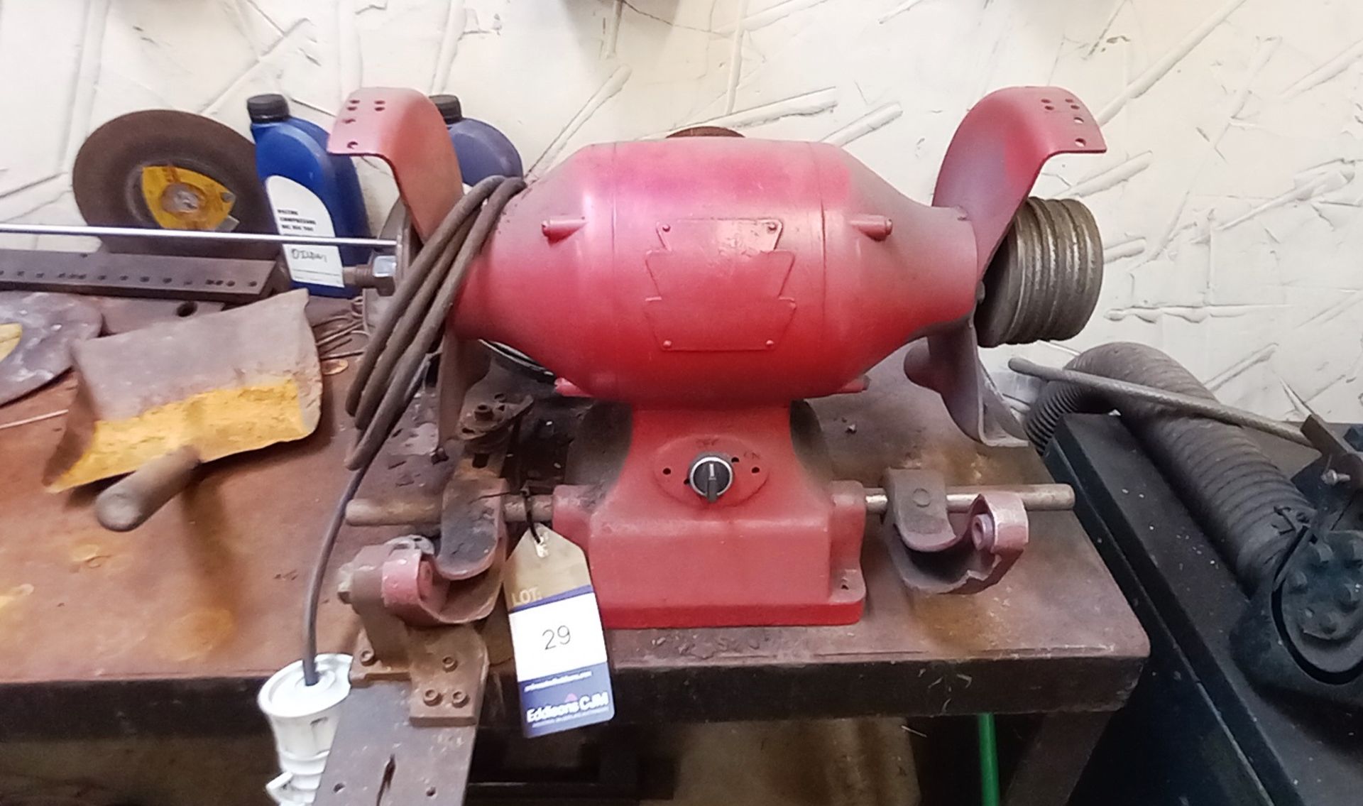 Steel Fabricated Work Bench with 3x Various Twin Wheel Bench Grinders - Image 2 of 3