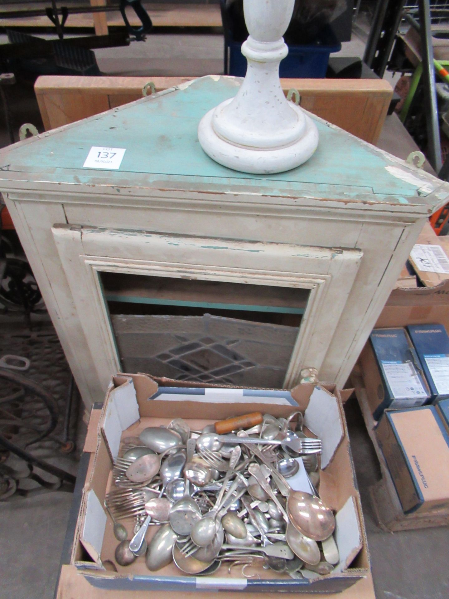 Singer sewing machine trestle table with wooden top, wooden corner cabinet, qty of cutlery, box of t - Image 3 of 5