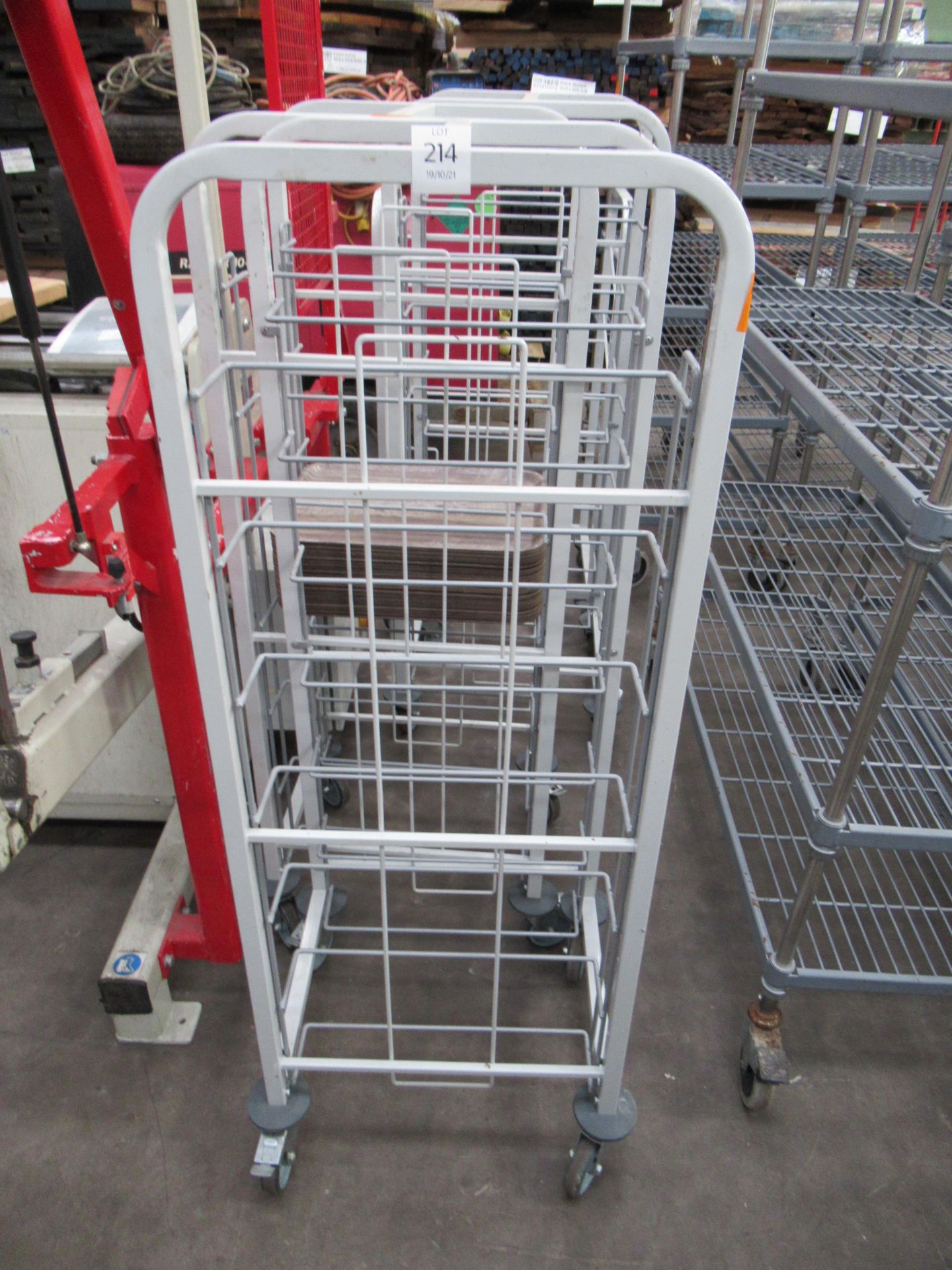 3 x Craven 7 space mobile tray trolleys approx 1400mm tall and 1 craven mobile storage trolley appro