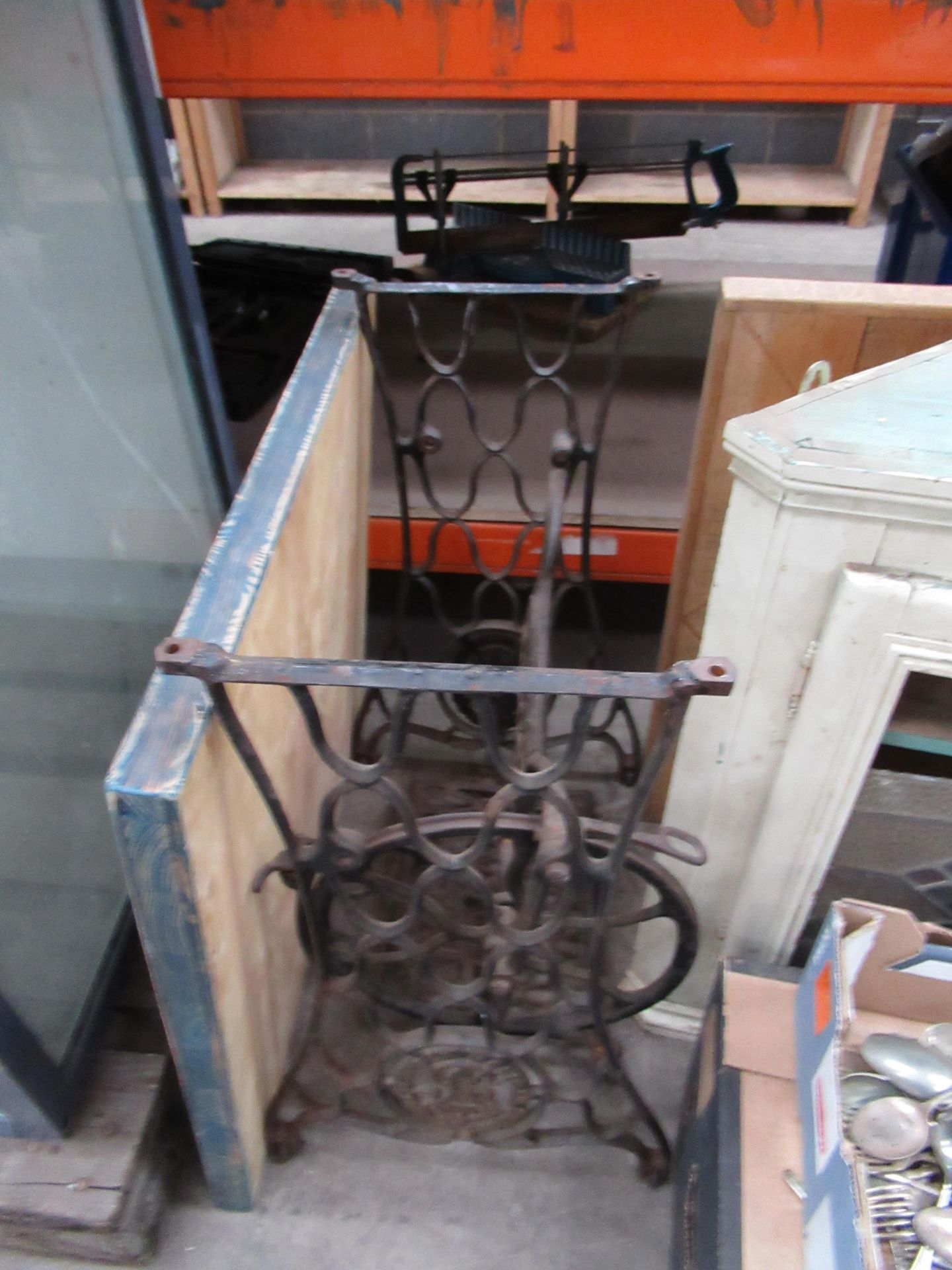 Singer sewing machine trestle table with wooden top, wooden corner cabinet, qty of cutlery, box of t - Image 2 of 5