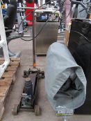 Heavy duty trolley jack (capacity unkown), bottle jack (incomplete) and a car cover