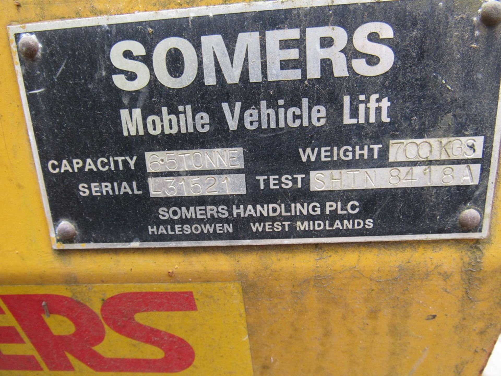 4 – Somers Handling 6.5tonne mobile vehicle lifts, s/n L31521, Test No. SHTN 841 8A, (Spares & - Image 4 of 5