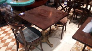 1 x 70 x 70cm Wood Table Cast Iron Base & 2 x Wood Chairs Upholstered Seats, Located at First Floor,