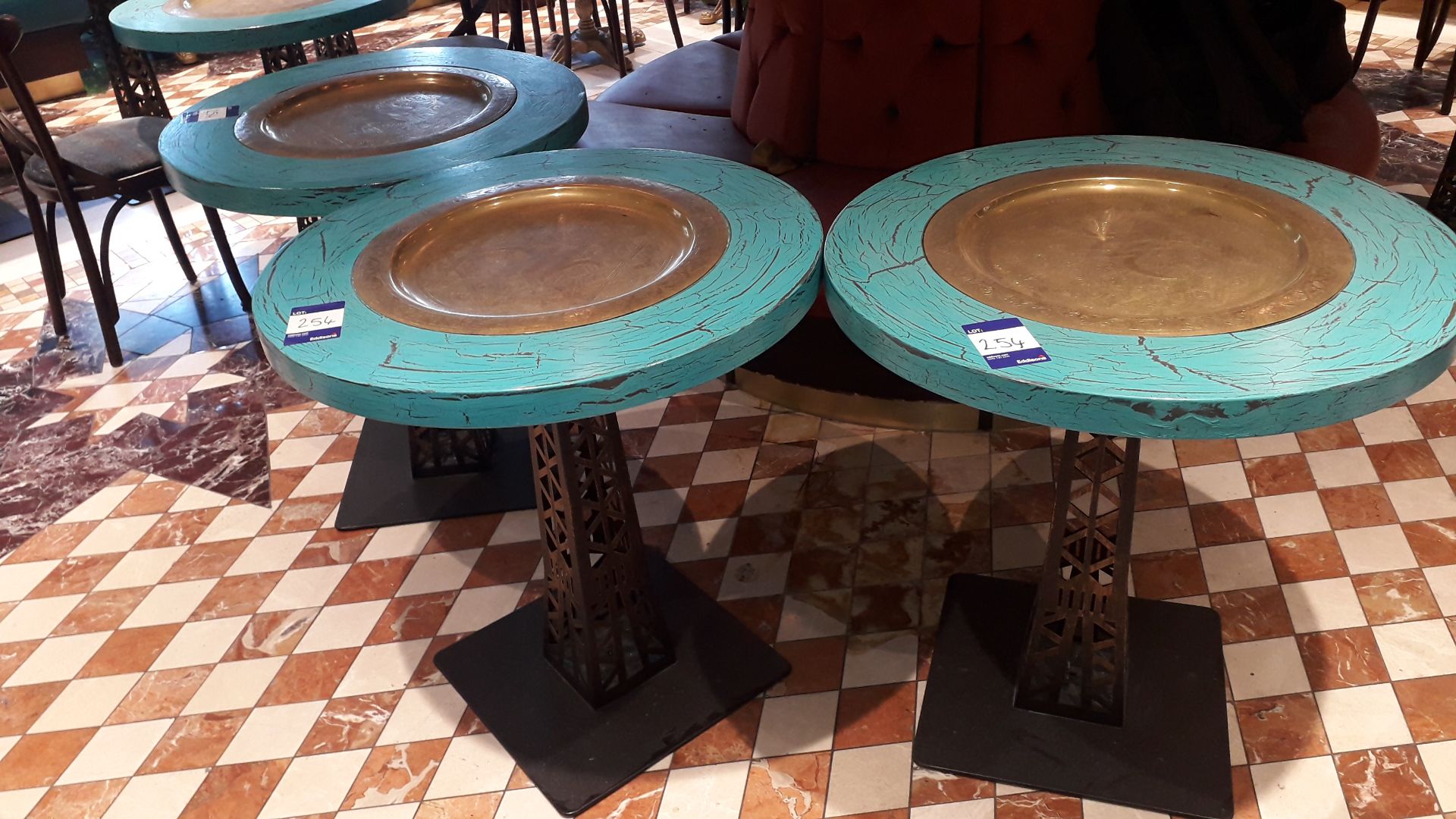3 x Circular Painted Pedestal Tables with Brass Tray & Pierced Pedestal Base 75cm Diameter,