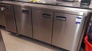 Foster Xtra XR3H Stainless Steel 3 Door Counter Fridge (2017) Serial Number E5500961, Located at