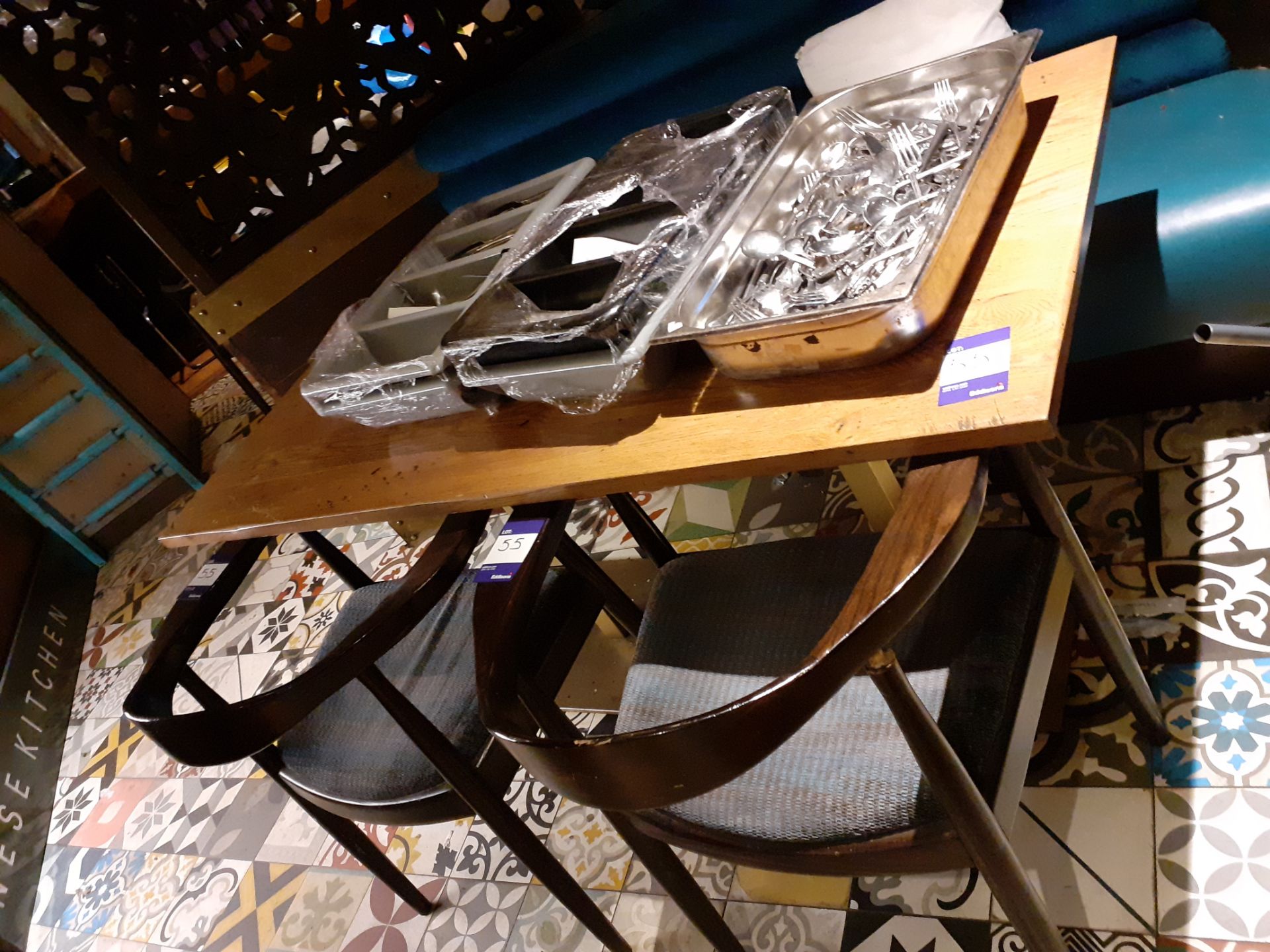 Oak Topped Twin Pedestal Table & Two Wooden Elbow Chairs, Located at 14 Leicester Square, London