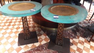 2 x Circular Pedestal Tables 75cm Diameter with Brass Tray & Pierced Pedestal Base, Located at First