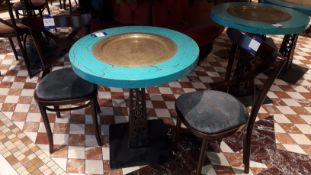 1 x Circular Painted Pedestal Table with Brass Tray & Pierced Pedestal Base & 2 x Wood Chairs with