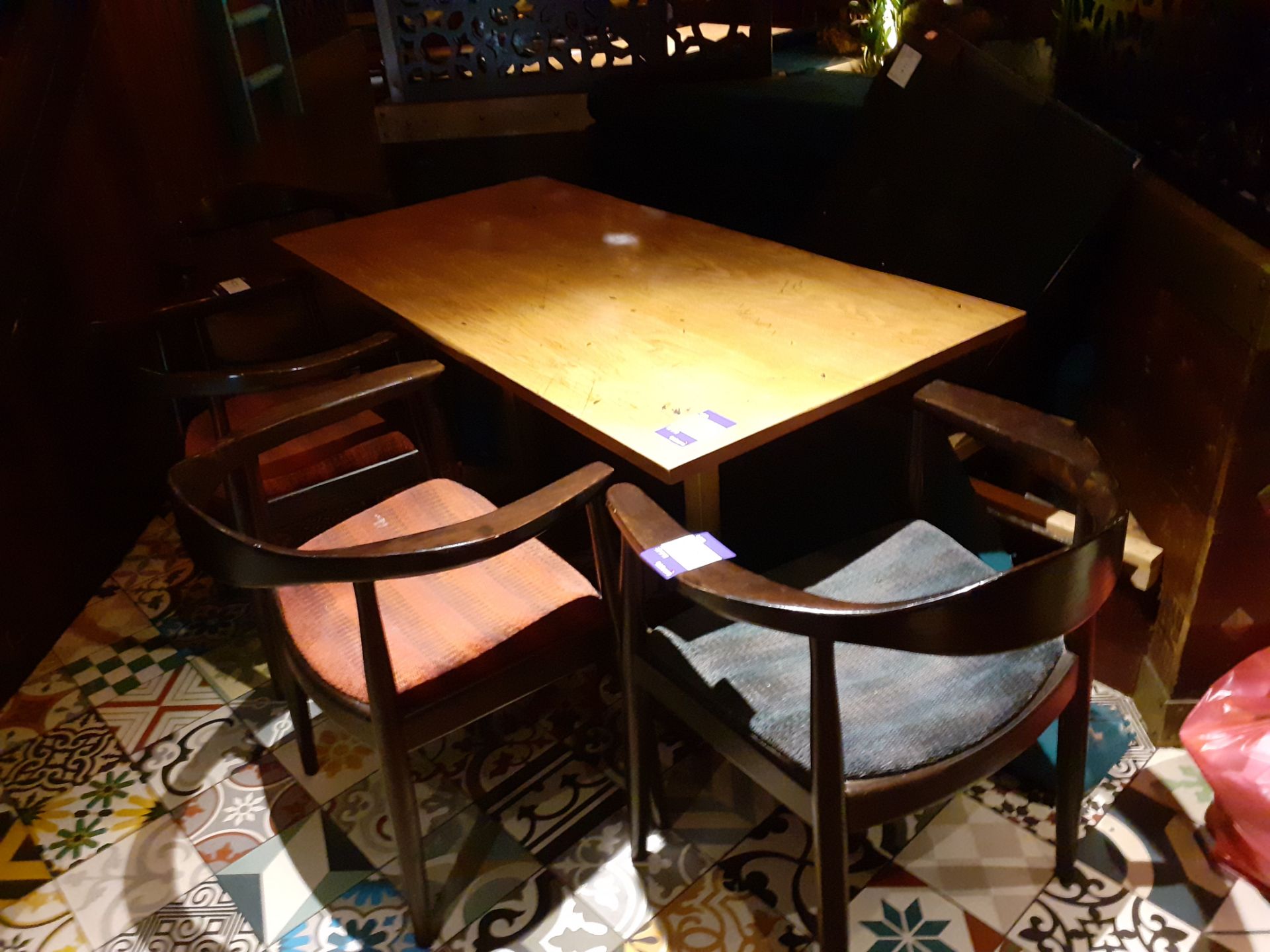 Oak Topped Twin Pedestal Table 1500 x 750mm with Four Wooden Elbow Chairs, Located at 14 Leicester