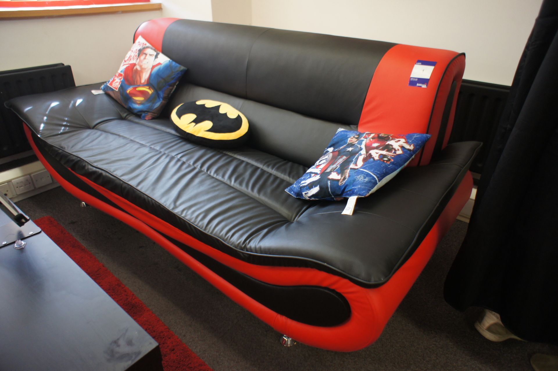 Leather effect 3 seater sofa, with Superhero themed cushions