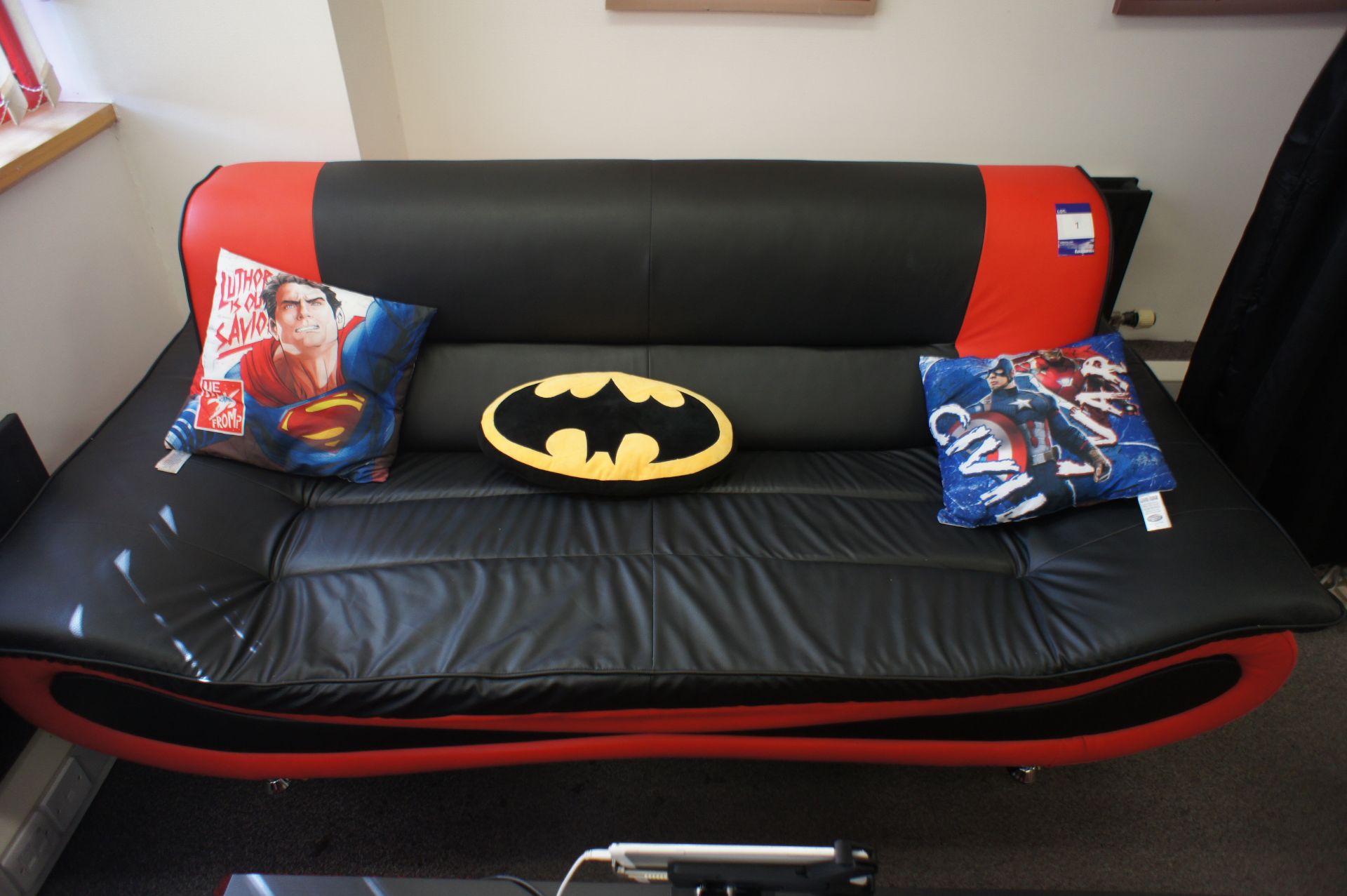 Leather effect 3 seater sofa, with Superhero themed cushions - Image 2 of 2