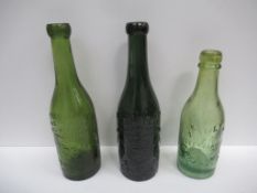 3x Grimsby W. Hill & Co (1) and M.W. Hill & Co (2) coloured bottles (W.Hill & Co down as Great Grims