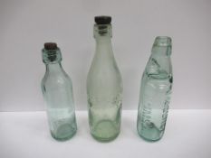 3x Grimsby Mouncey bottles (1x Codd) one featuring named lid