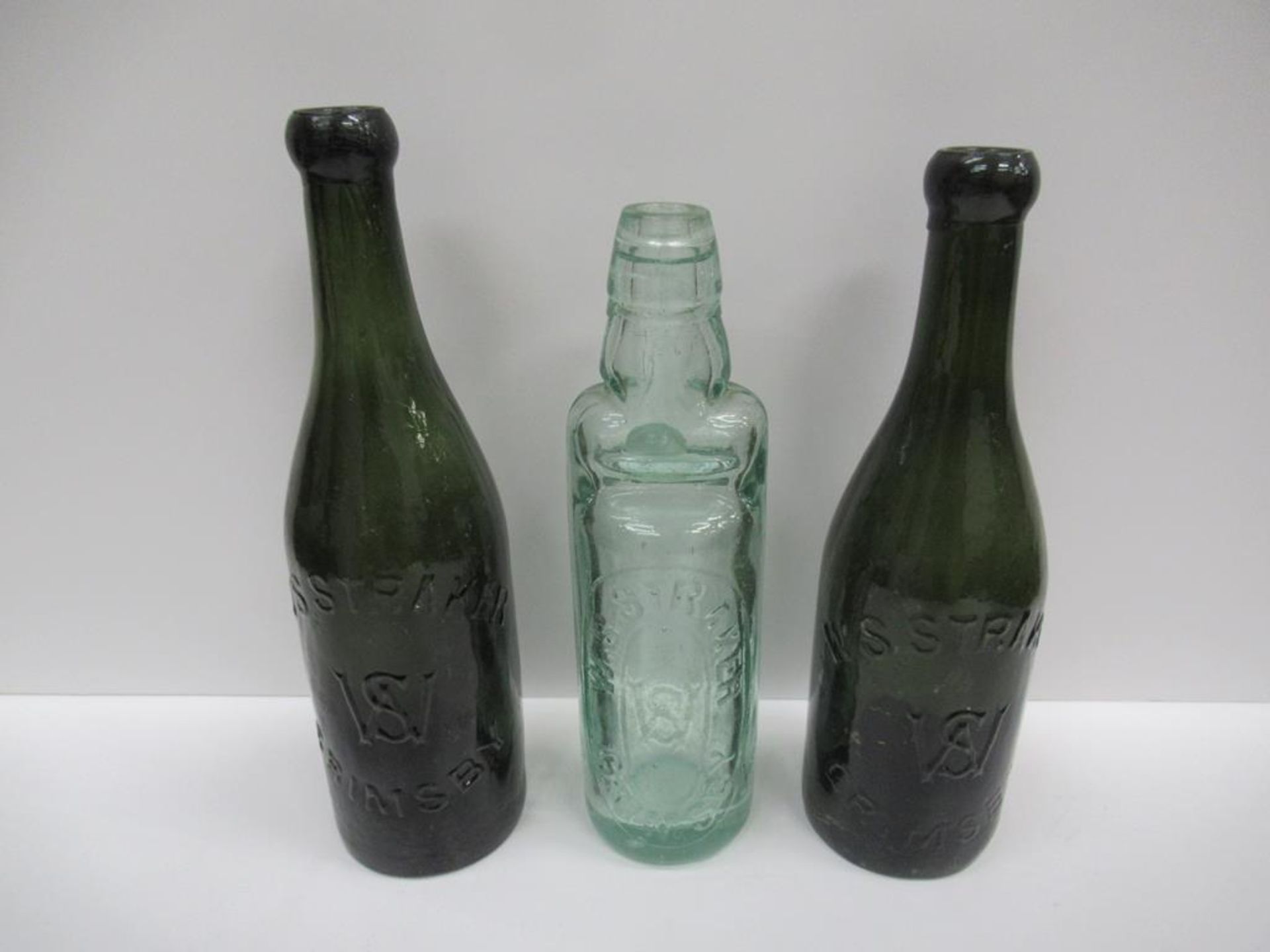 3x Grimsby W.S. Straker bottles- two coloured, one codd