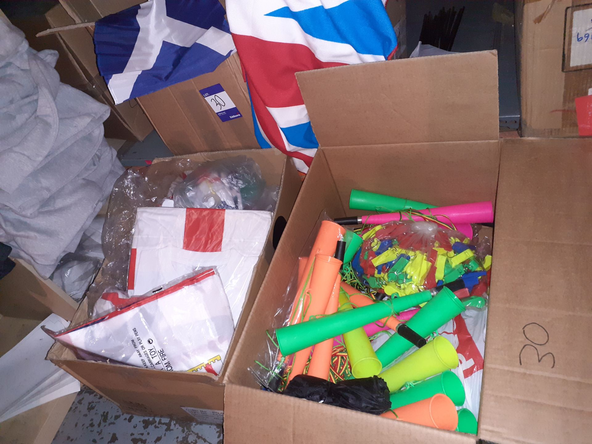 Box of Union Jack Hand Towels, Box of Scotland Flags & Box of England T-Shirts & Caps & Box of