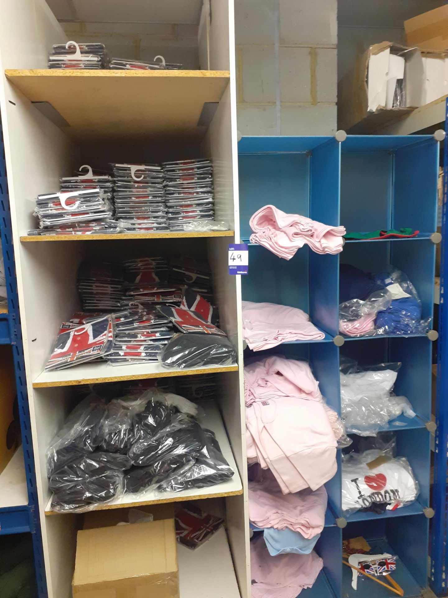 Contents of 2 Shelving Units to include T-Shirts, & Union Jack Boxer Shorts