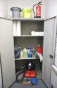 Metal Double Door Office Cabinet with Contents including Vacuum Cleaner and Cleaning Materials