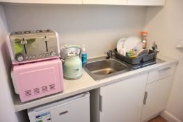 Contents to Kitchen Area including Fridge master Under Counter Fridge, Microwave Oven, Kettle and