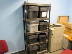 Shelving unit and large quantity of plastic tubs
