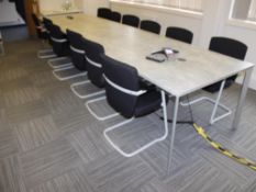 Grey laminate twin section boardroom table, 3600 x 1200mm with 12 Pledge cantilever elbow chairs